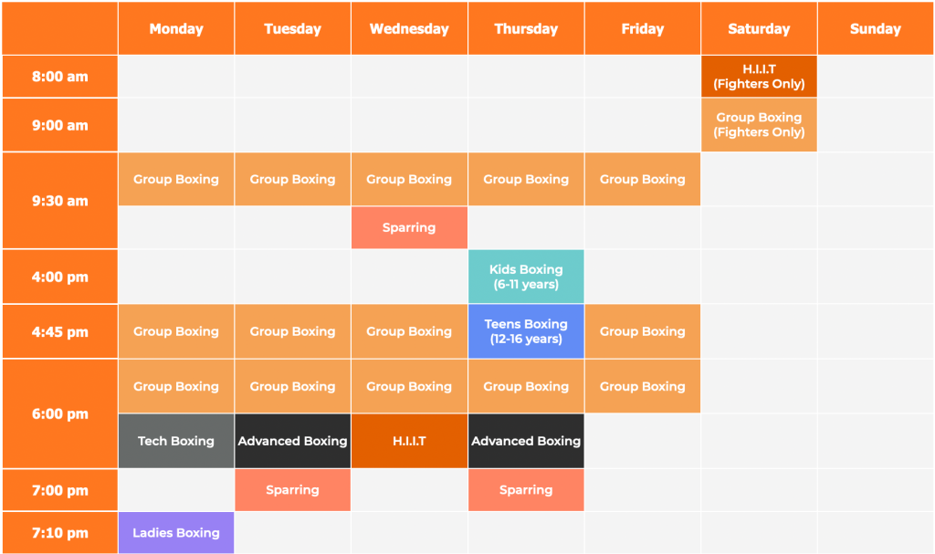 Adelaide Boxing Turner Gym A 2024 class schedule for a group of people on an orange background.
